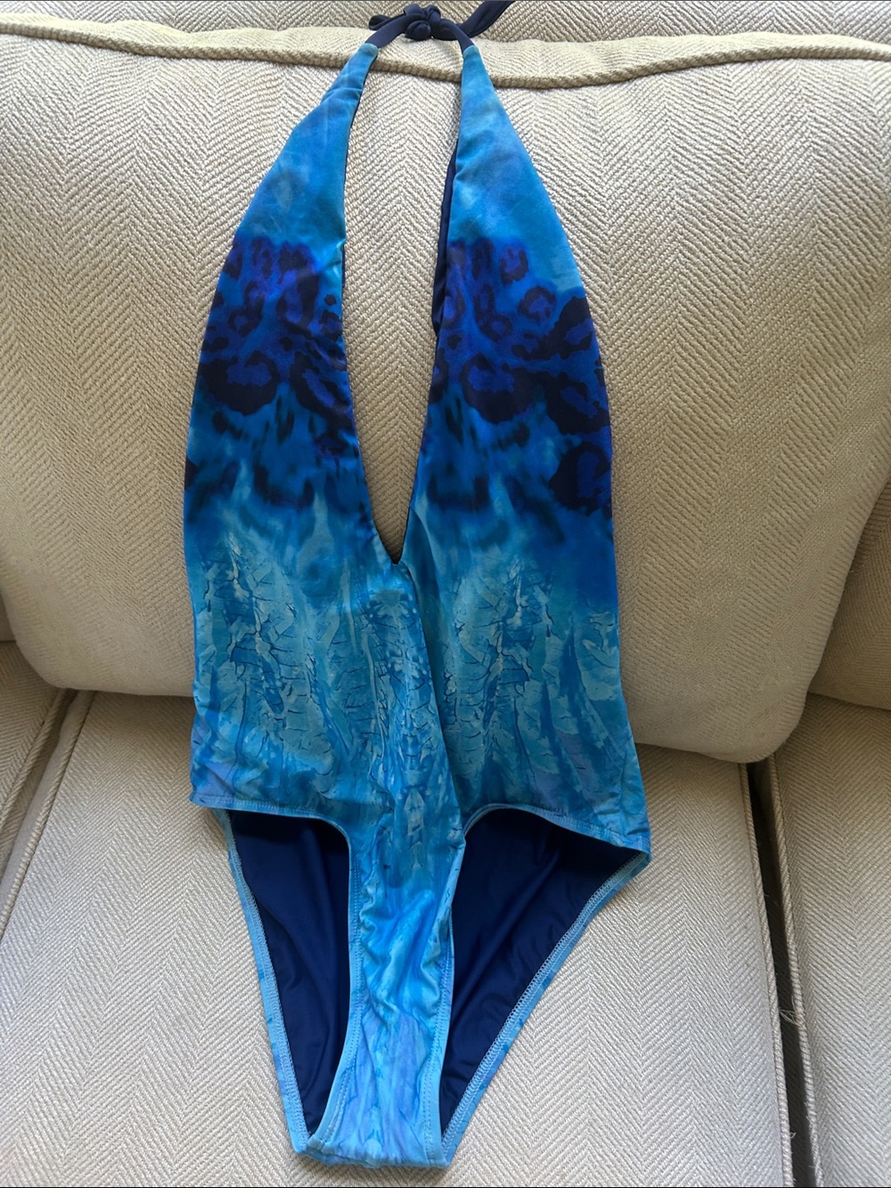 Luxe by Lisa Vogel Blue Tie-Dye Halter One-Piece Swimsuit with Deep V